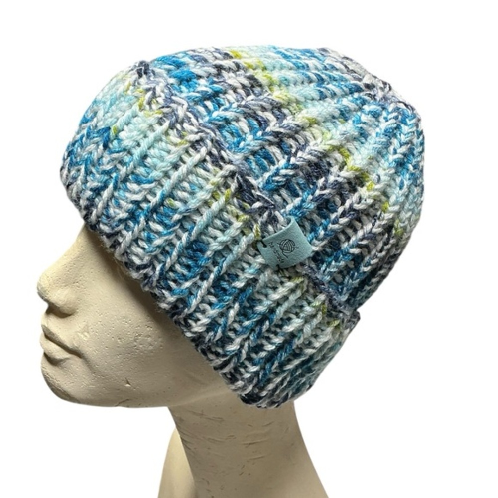 Handmade Chunky Knit Beanie Multicolor White & Blue Winter Fall Handcrafted Hat